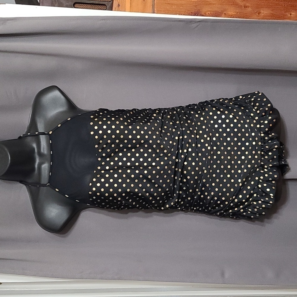 Womens Swimsuit‎ One Piece Black W/Gold Polka-dots Ruched Ruffle Size M EUC.